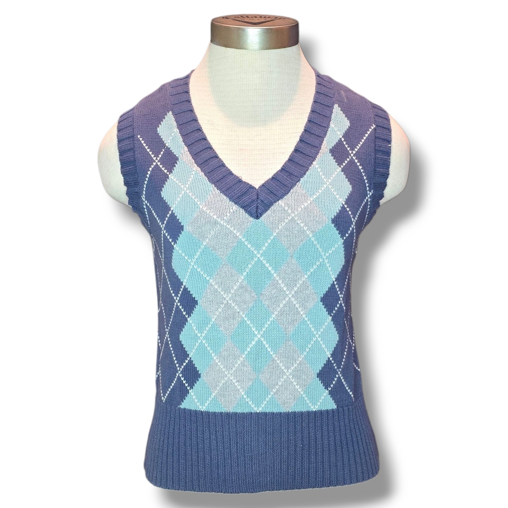Argyle V-Neck Sweater Vest - Blue and Gray Size Large